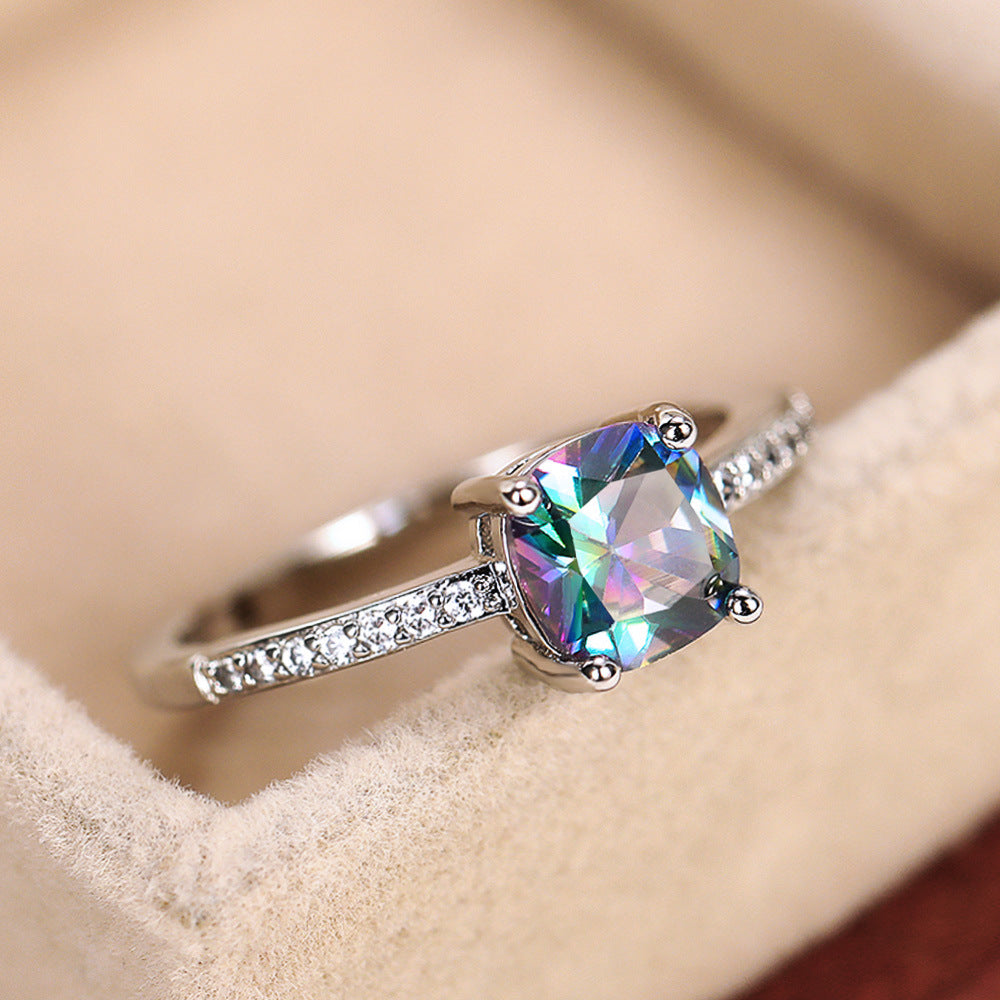 Micro-paved Zircon Royal Blue Square-cut Ring For Women